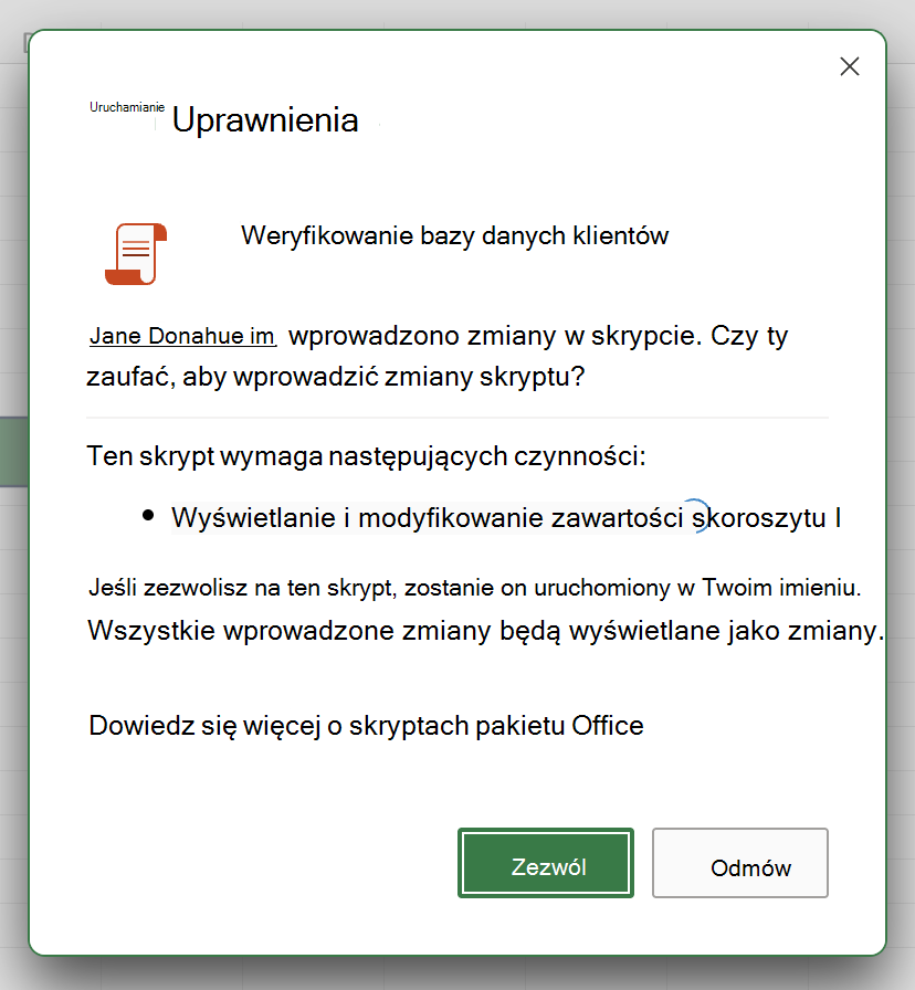 Zezwalanie na skrypty od innych użytkowników w organizacji lub odrzucanie ich.