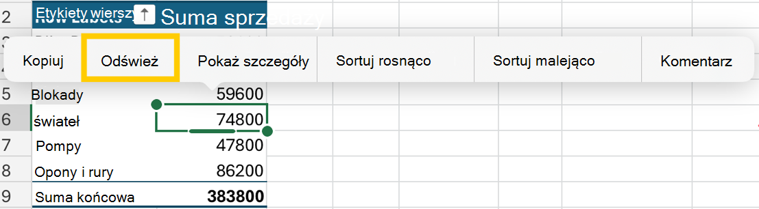Odświeżanie tabeli przestawnej przy użyciu menu kontekstowego na tablecie iPad.