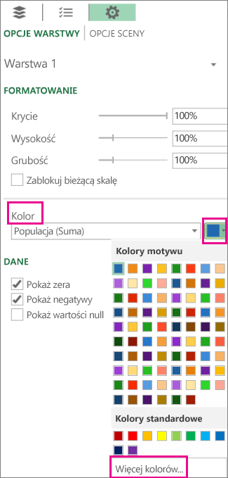 Lista rozwijana Kolor na karcie Ustawienia, Opcje warstwy