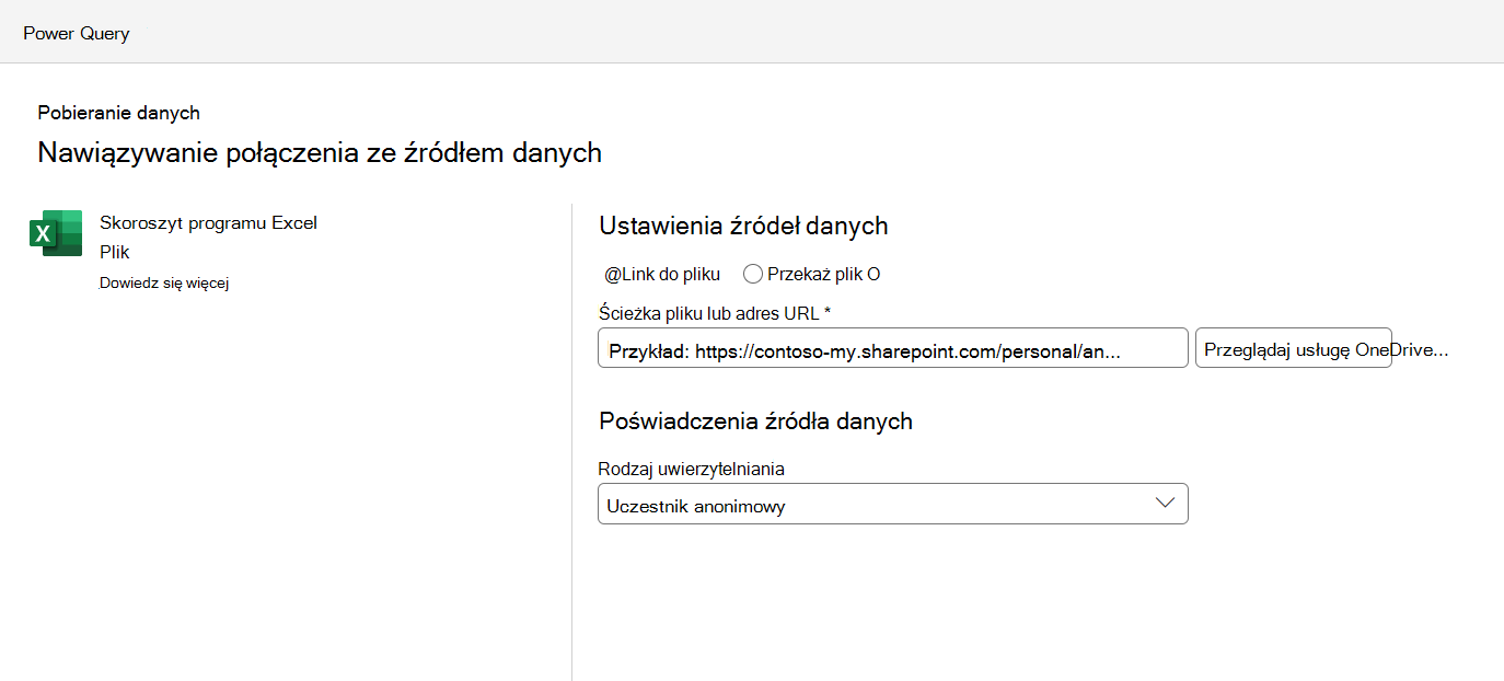 Menu ustawień połączenia źródła danych,