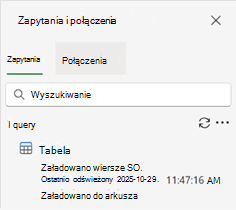 Okienko Zapytania i połączenia przedstawiające pojedyncze zapytanie i jego wyniki.