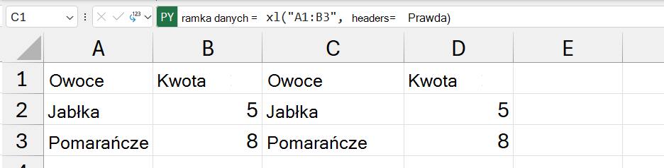 Zawartość ramek danych zwracana jako wartości programu Excel.
