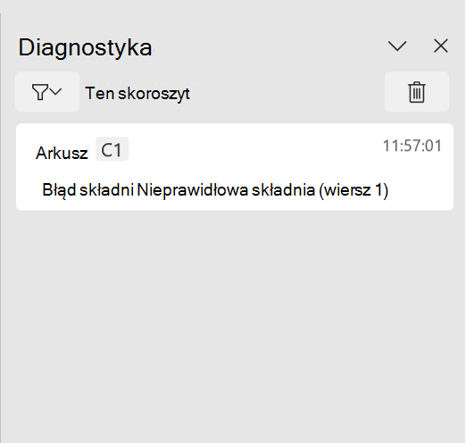 Okienko zadań diagnostyki języka Python w programie Excel z wyświetlonym błędem składniowym.