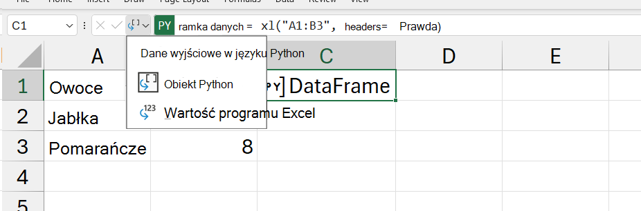 Otwarte menu wyjściowe języka Python w programie Excel.