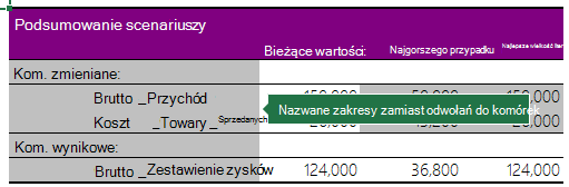 Zrzut ekranu przedstawiający podsumowanie scenariuszy z nazwanymi zakresami.