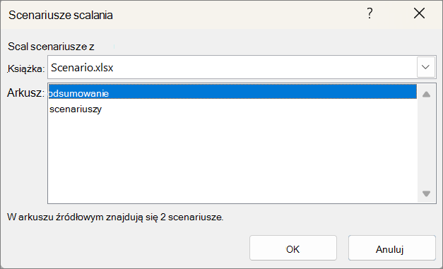 Zrzut ekranu przedstawiający okno dialogowe Scalanie scenariuszy.