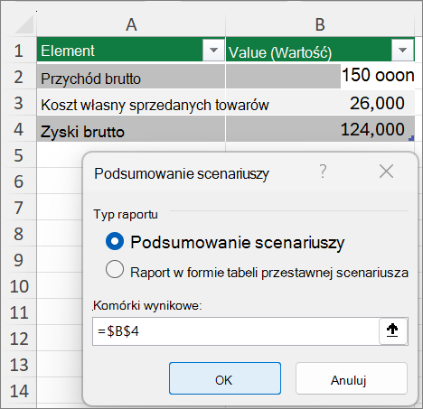 Zrzut ekranu przedstawiający okno dialogowe Podsumowanie scenariuszy