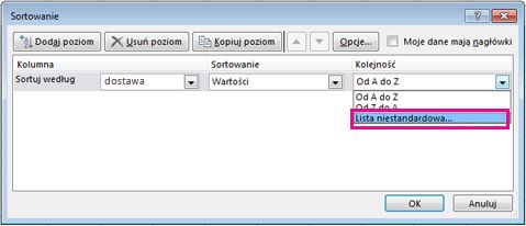 Okno dialogowe Sortowanie