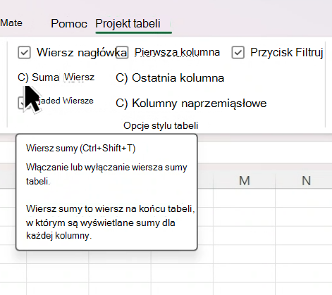 Kursor umieszczony na polu wyboru Wiersz sumy w menu Projekt tabeli