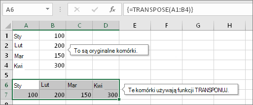 Powyżej — oryginalne komórki, poniżej — komórki z funkcją TRANSPONUJ