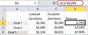 Przykładowa formuła do obliczania wartości procentowej