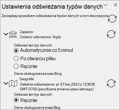 Okienko Ustawienia odświeżania dla typów danych.