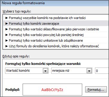 Reguła formatowania warunkowego powodująca wyświetlanie liczb mniejszych niż 0 jako tekstu w kolorze czerwonym