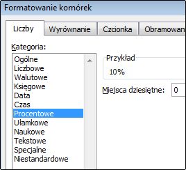 Kategoria Procentowe w oknie dialogowym Formatowanie komórek