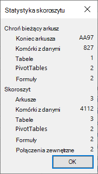Okno dialogowe Workbook Statistics.