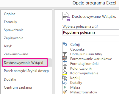 Opcje > pliku > — dostosowywanie wstążki