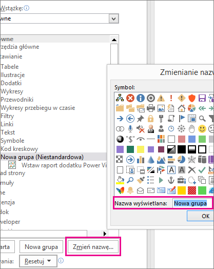 Przycisk Zmień nazwę w oknie dialogowym Dostosowywanie Wstążki