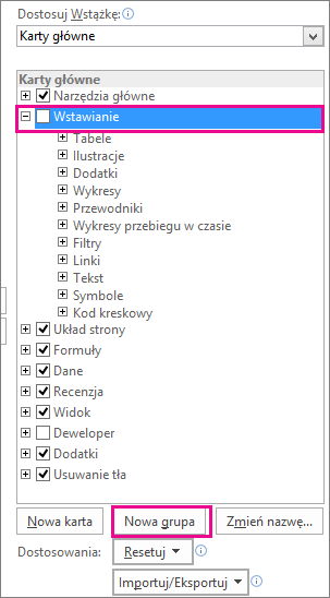 Przycisk Nowa grupa w oknie dialogowym Dostosowywanie Wstążki w opcjach programu Excel