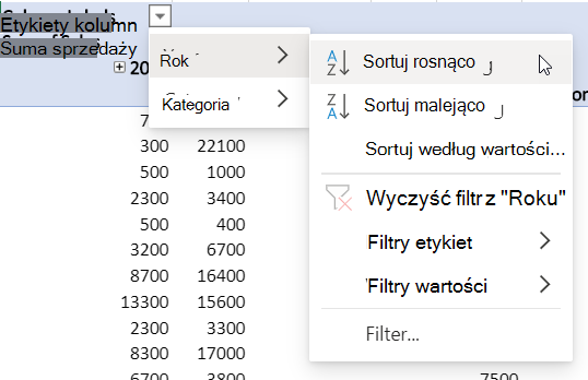 Obszar Wiersze z połączonymi filtrami