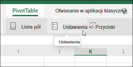 Przycisk Ustawienia na karcie Tabela przestawna w programie Excel dla sieci Web