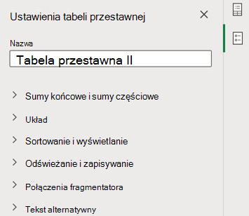 Okienko Ustawienia tabeli przestawnej w programie Excel dla sieci Web