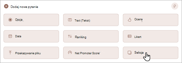 Zrzut ekranu przedstawiający sposób dodawania nowej sekcji do formularza lub testu.