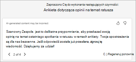 Funkcja Copilot automatycznie generuje sugerowany tekst zaproszenia. Możesz edytować tekst tutaj lub wybrać pozycję Przepisz za pomocą funkcji Copilot, aby poprosić ją o wygenerowanie nowej wersji.