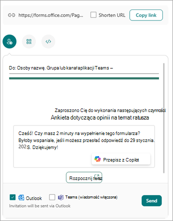 Możesz wysłać formularz na wiele sposobów z ekranu wysyłania i zbierania odpowiedzi.