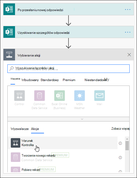 Wybieranie warunku jako akcji w usłudze Power Automate
