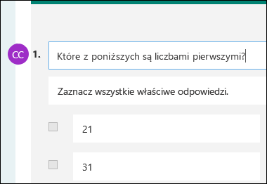 Inicjały współautora wyświetlone obok pytania testu