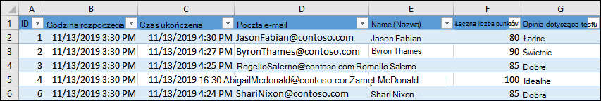 Skoroszyt programu Excel z wynikami testu