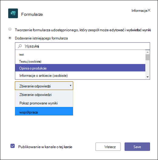 Dodawanie istniejącego formularza grupy do aplikacji Microsoft Teams