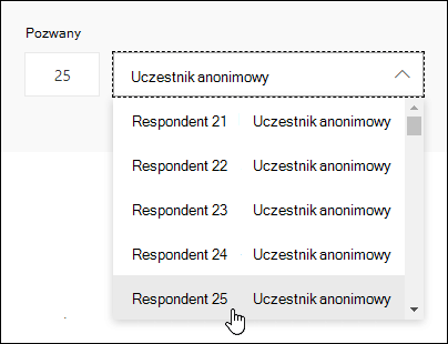 Wprowadź określony numer w polu wyszukiwania respondenta, aby wyświetlić szczegóły odpowiedzi tej osoby w aplikacji Microsoft Forms