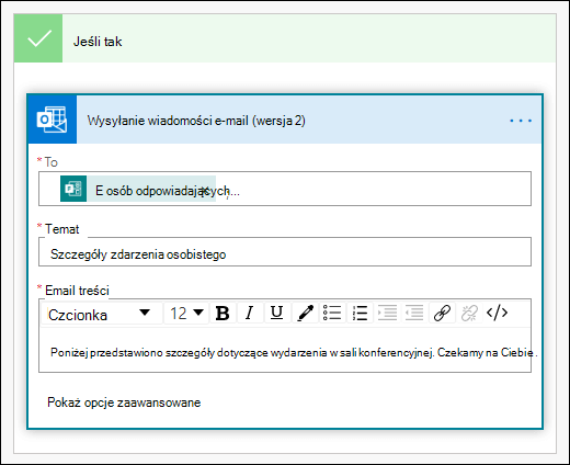 Dodawanie osób, wiersza tematu i treści tekstu w wiadomości e-mail jako akcji w usłudze Power Automate