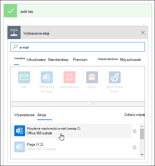 Wybieranie pozycji Wyślij powiadomienie e-mail jako akcji w usłudze Power Automate