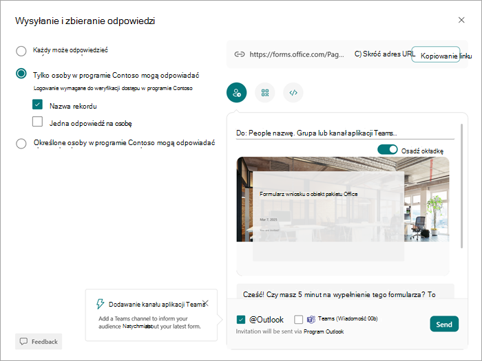 Zrzut ekranu przedstawiający okno dialogowe Wysyłanie i odbieranie, gdzie można wybrać osoby, które mogą wyświetlać formularz lub test oraz odpowiadać na niego.