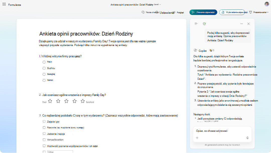 Zrzut ekranu przedstawiający formularz ankiety opinii pracowników z panelem sugestii funkcji Copilot oferującym ulepszenia.
