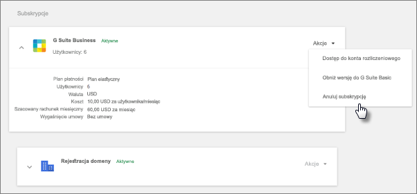 W sekcji Subskrypcje wybierz G Suite, Akcje, a następnie Anuluj subskrypcję.