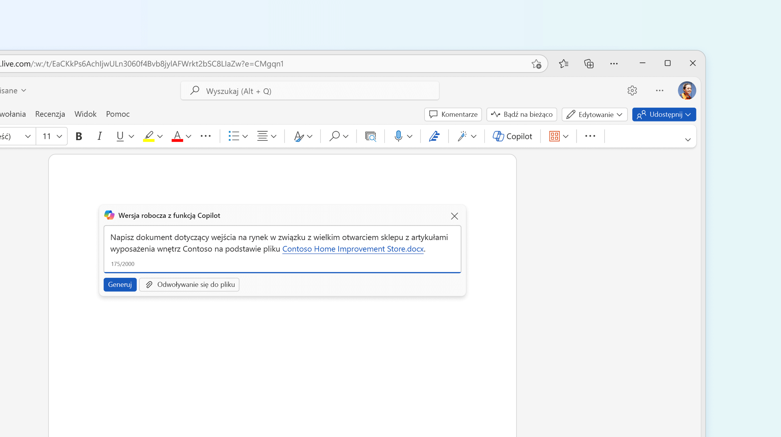 Zrzut ekranu przedstawiający wersję roboczą z rozwiązaniem Copilot w programie Word.