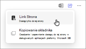 Opcja Strony rozwiązania Copilot umożliwiająca udostępnianie strony za pośrednictwem linku do strony.
