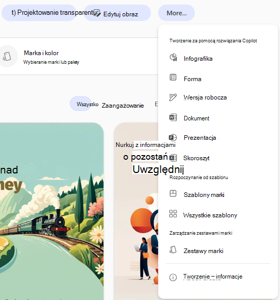 zrzut ekranu przedstawiający interfejs użytkownika umożliwiający wybranie pozycji Więcej niż zestawy marki w aplikacji Microsoft 365 Copilot