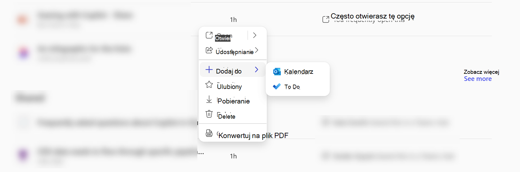 Menu kontekstowe w aplikacji Microsoft 365 Copilot pokazujące, że możesz dodać plik do Calendar lub Do wykonania.
