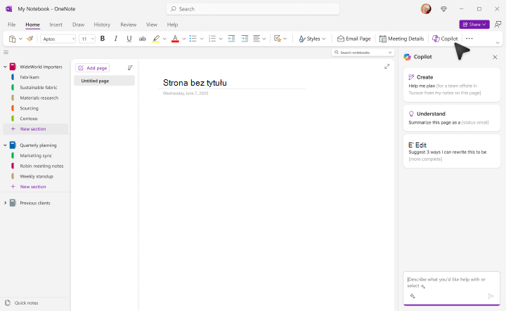 Ekran Start copilot programu OneNote.