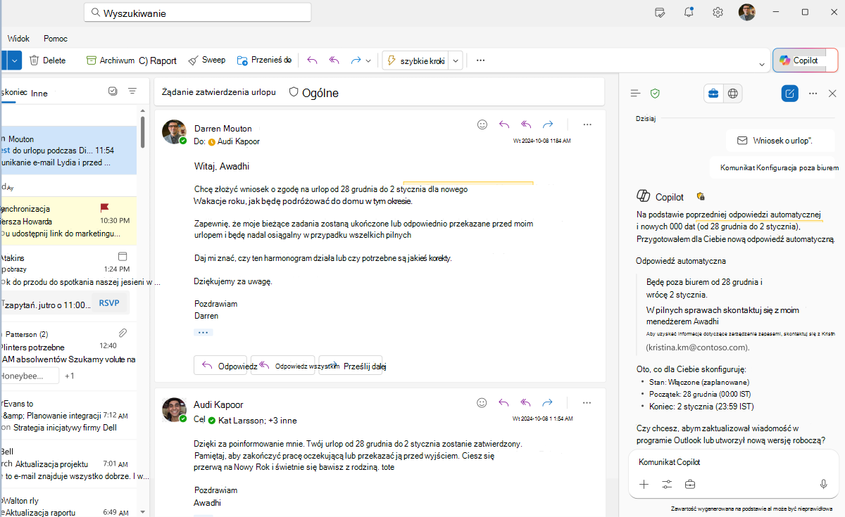 Zrzut ekranu przedstawiający odpowiedź programu Copilots w celu utworzenia odpowiedzi automatycznej w programie Copilot w programie Outlook