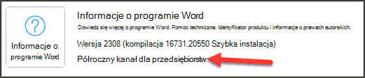 Półroczne wskazanie kanału Enterprise w obszarze Informacje o programie Word w sekcji Informacje o produkcie.
