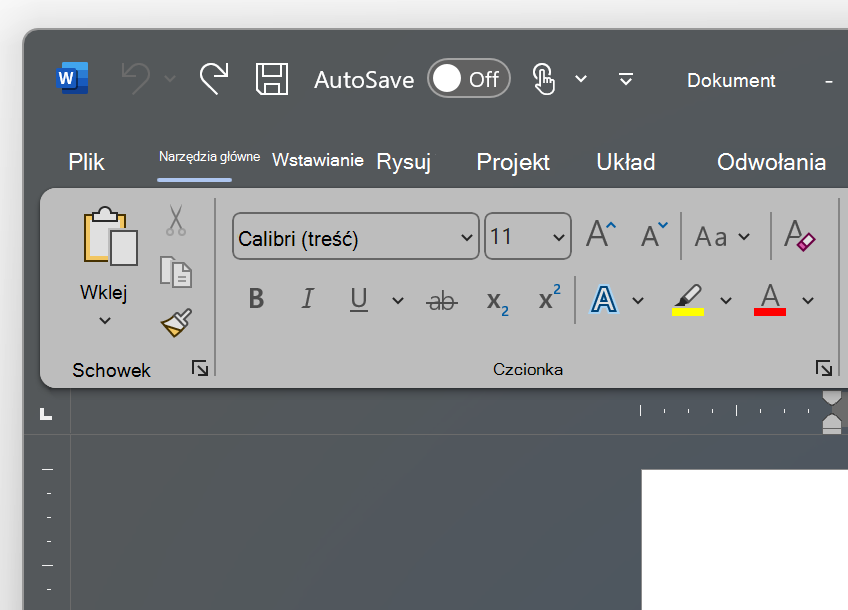 Zrzut ekranu przedstawiający lewy górny róg programu Word z motywem Ciemnoszary.