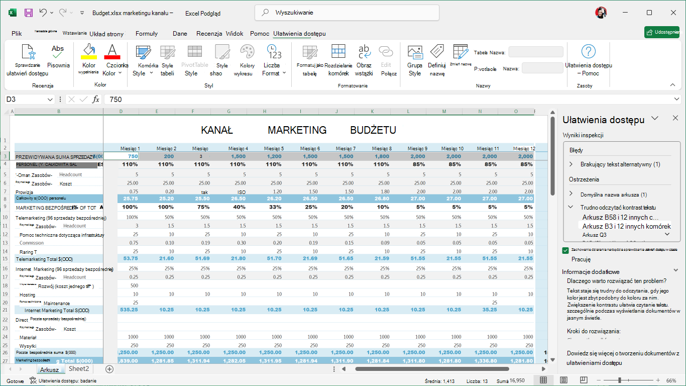 Wstążka ułatwień dostępu w programie Excel