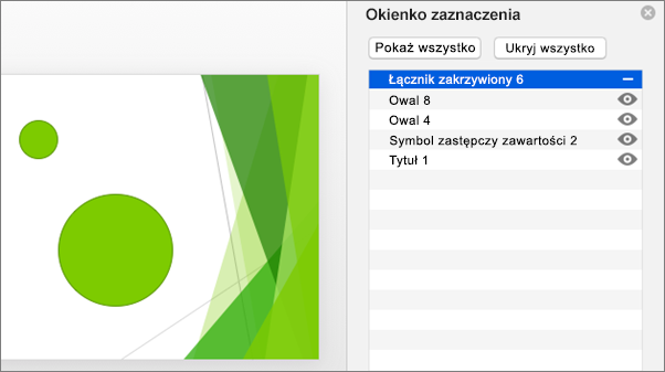 Pokazywanie funkcji ukrywania w okienku zaznaczenia pakietu Office 2016 dla komputerów Mac