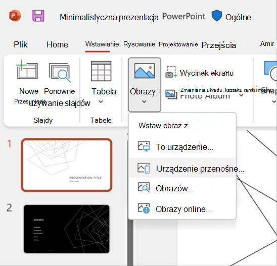 Zrzut ekranu przedstawiający wstawianie zdjęcia z urządzenia mobilnego w programie PowerPoint.