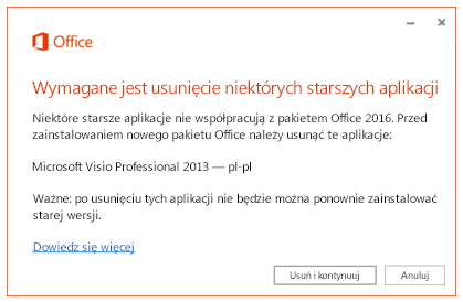 Komunikat o błędzie z monitem o usunięcie starszych aplikacji